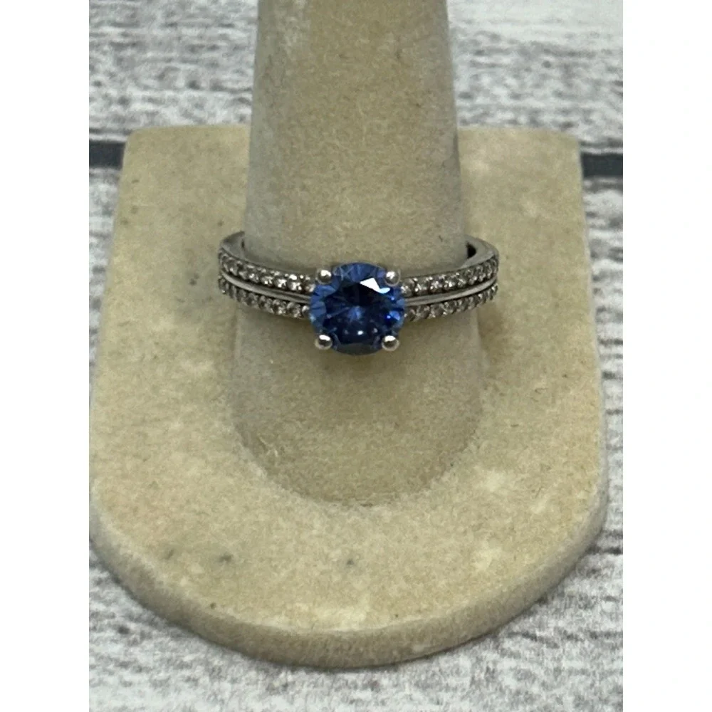 DK 925 Sterling Silver Engagement Blue Sapphire? CZ & Pave Accents Ring‎ Size 8